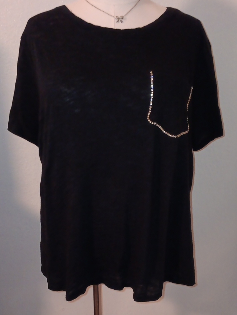 INC International Concepts Black Thin Crewneck Top With Rhinestone Pocket